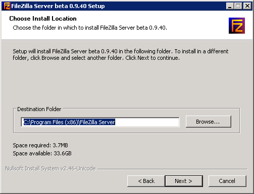 Texte de remplacement généré par une machine : I  FileZilla Server beta 0.9.40 Setup ] =]Jìši Choose Install Location Choose the Folder in which to install FileZilla Server beta 0.9.40. Setup will install FileZilla Server beta 0.9.40 in the following folder. To install in a different folder, click Browse and select another folder. Click Next to continue. Destination Folder Space required: 3.7MB Space available: 33.6GB ruITsoft Install System v2.46-Unicode Browse,.. <Back Next> Cancel :\Program Files (x86)\FileZilla Server