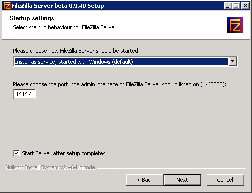 Texte de remplacement généré par une machine : I  FileZilla Server beta 0.9.40 Setup 1 =jJ2ÇI Startup settings Select startup behaviour For FileZilla Server Please choose how FileZilla Server should be started: as service] started with Windows 4JeFault Please choose the port, the admin interlace oF FileZilla Server should listen on (1-65535): p14147 W Start Server alter setup completes ruITsoFt Install System v2.46-Unicode — <Back Next j Cancel