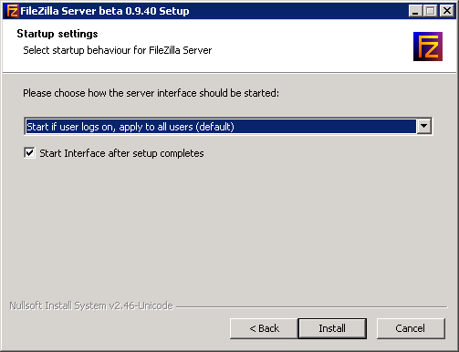 Texte de remplacement généré par une machine : I  FileZilla Server beta 0.9.40 Setup ] =jJj Startup settings Select startup behaviour For FileZilla Server Please choose how the server interlace should be started: 5tartFITIogs on, applyVT1lITfl (deFault) E W Start Interlace alter setup completes ruITsoft Install System v2.46-Unicode <Back Install Cancel