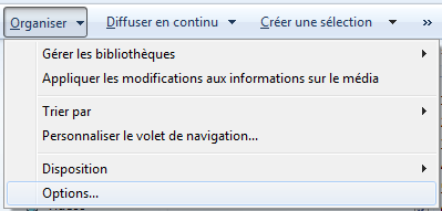 Texte de remplacement généré par une machine : [çrganiser ‘r] iffuser en continu ‘r Çréer une sélection ‘r » Gérer les bibliothèques Appliquer les modifications aux informations surIe média Trier par Personnaliser Ie volet de navigation... Disposition Options...