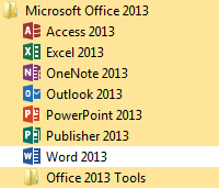 Texte de remplacement généré par une machine : Microsoft Office 2013 E Access 2013 Excel 2013 OneNote 2013 Outlook 2013 PowerPoint 2013 Publisher 2013 ] Word 2013 Office 2013 Tools