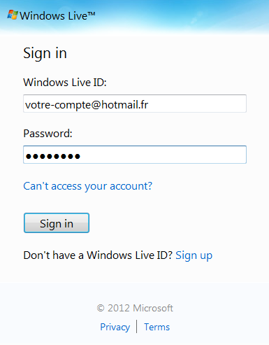 Texte de remplacement généré par une machine : Sign in Windows Live ID: votre-compte@ hotmail.fr Password: ........ Can’t access your account? [ Signin j Don’t have a Windows Live ID? Sign up Microsoft Privacy Terms